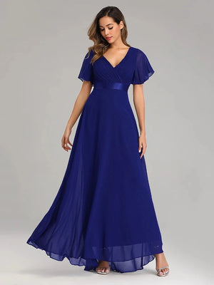 Elegant V-Neck Chiffon Evening Gown with Ruffles